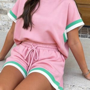 Bonbon Striped Trim Casual Tee Drawstring Shorts 2pcs Set