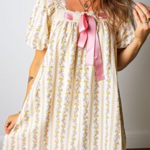 Multicolour Floral Print Contrast Ribbon Bow Lace Trim Square Neck Mini Dress