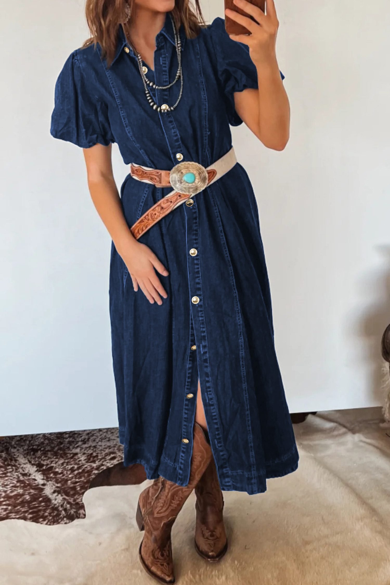 Sail Blue Full Buttons Collared Short Bubble Sleeve Long Denim Dress