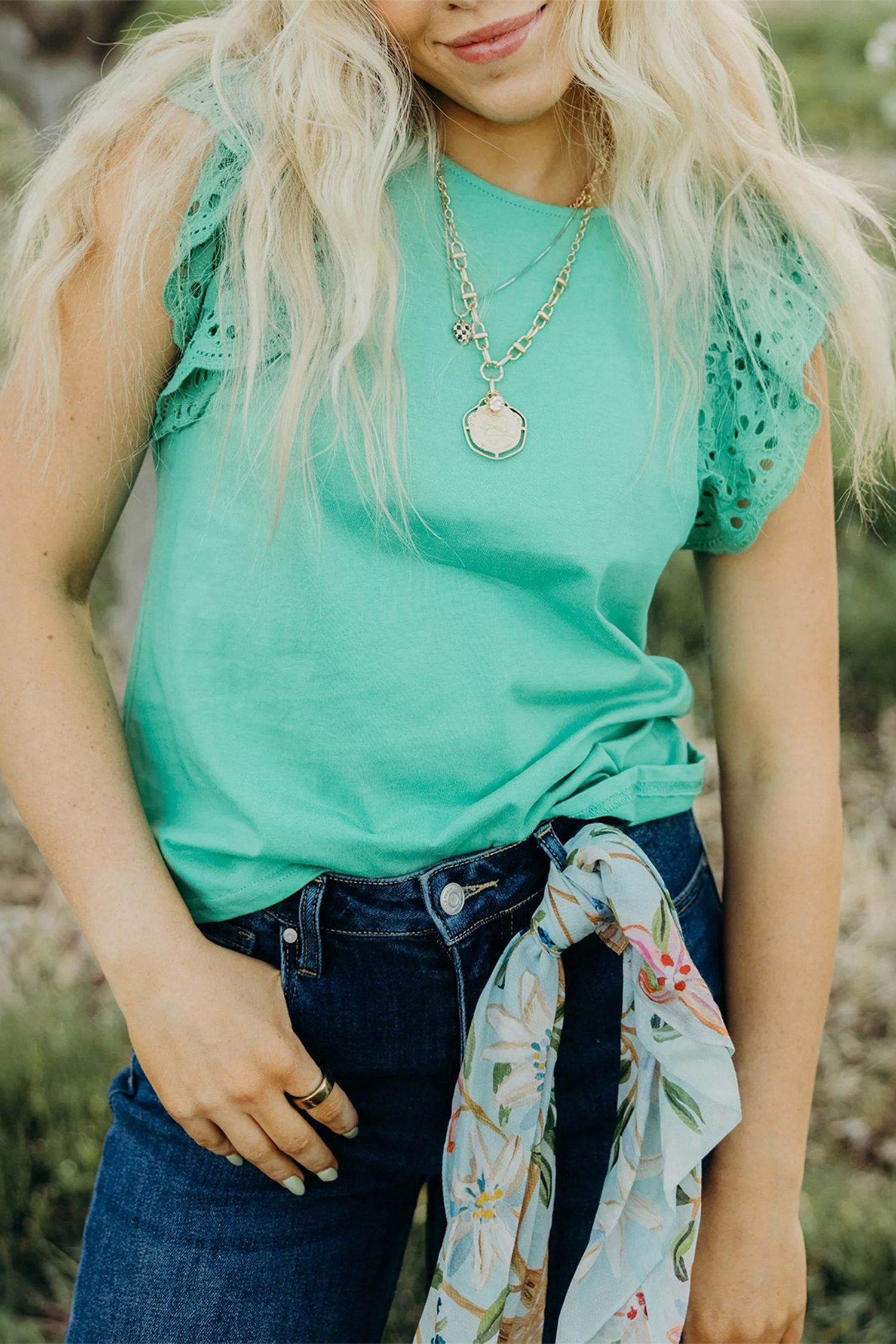 Mint Green Eyelet Lace Ruffled Cap Sleeve Top