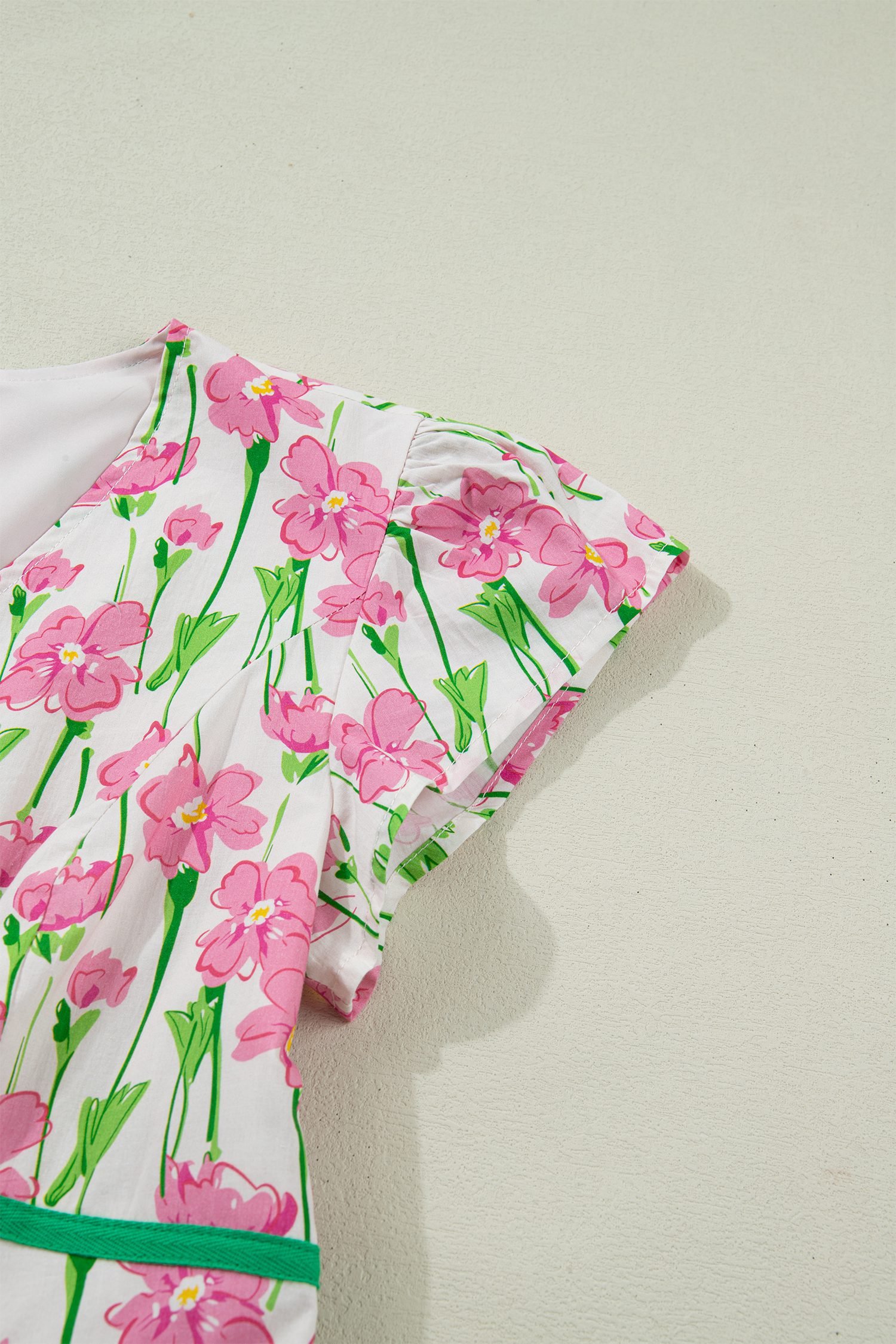 Pink Floral Print Contrast Trim V Neck Short Sleeve Elegant Midi Dress