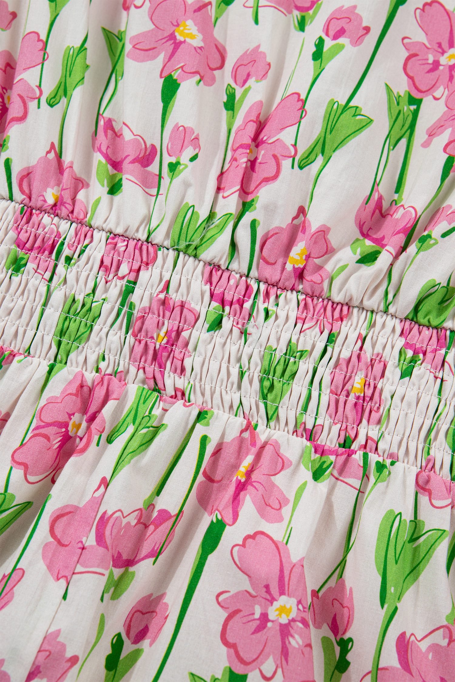 Pink Floral Print Contrast Trim V Neck Short Sleeve Elegant Midi Dress