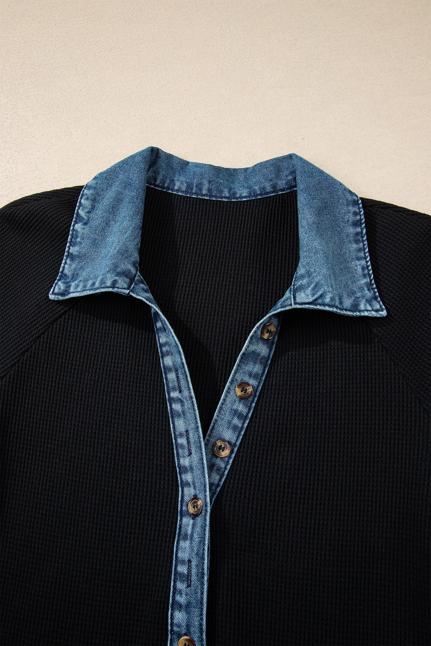 Black Waffle Knit Denim Contrast Trim Patchwork Button Polo Tee Dress