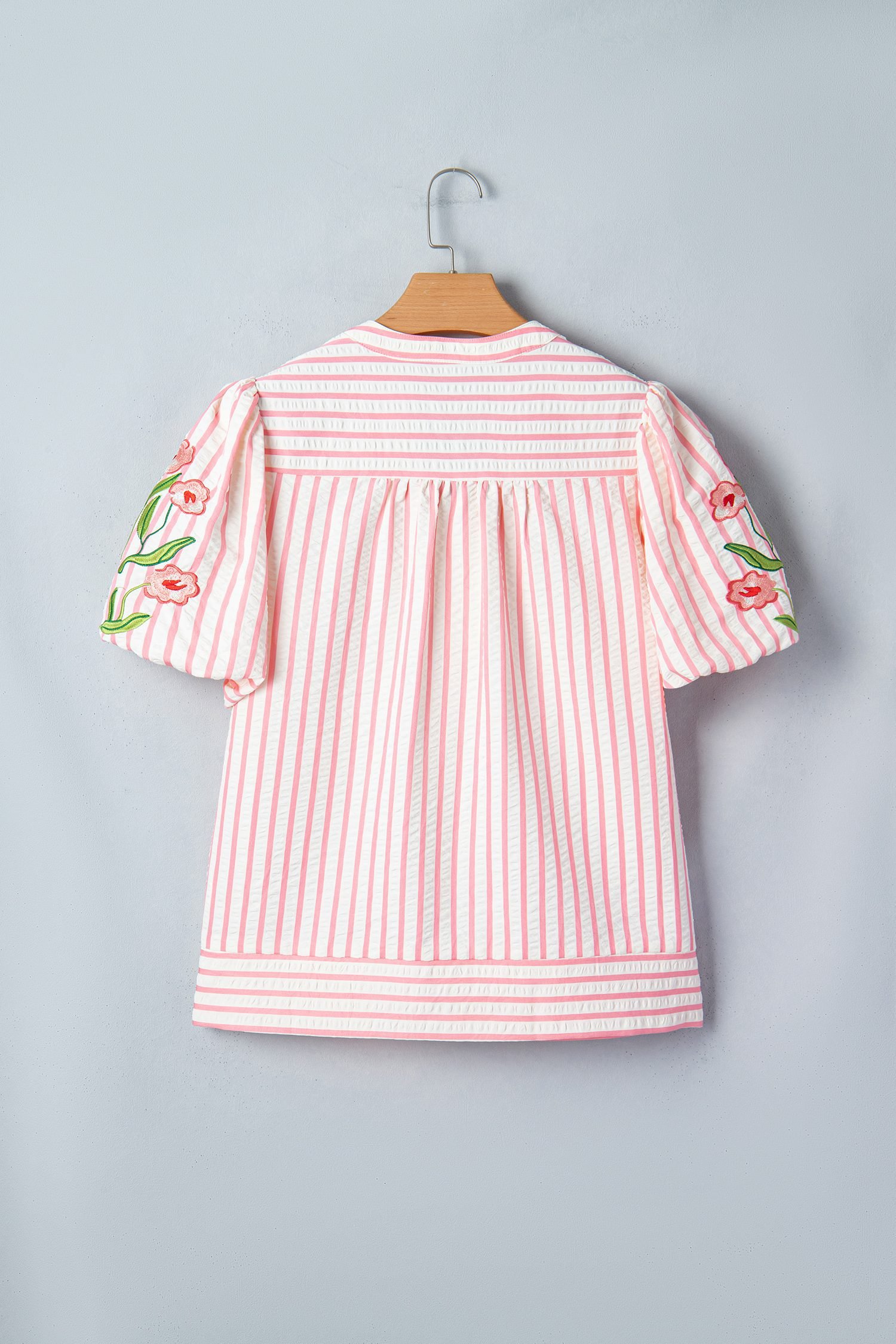 Pink Stripe Print Floral Embroidered Puff Sleeve V Neck Blouse