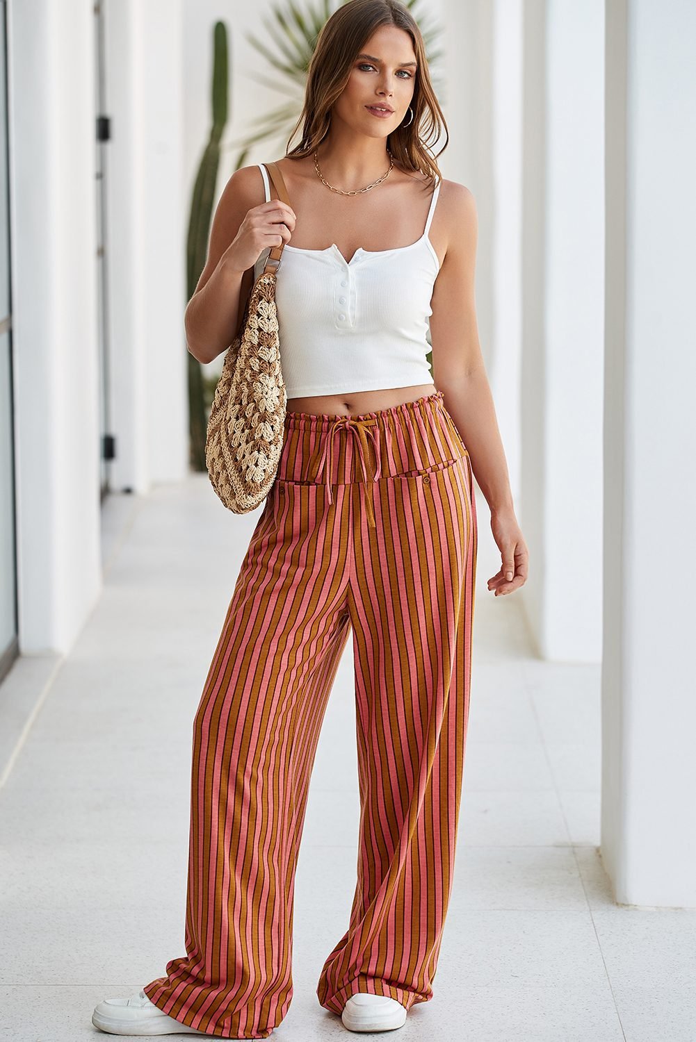 Red Stripe Button Pocket Tie Waist Casual Wide Leg Pants