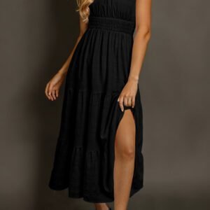 Black Shirred Pleated Square Neck Sleeveless Midi Dress