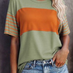 Laurel Green Color Block Striped Detail Loose T Shirt