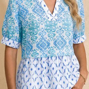 Sky Blue Boho Floral Geometric Patchwork Short Puff Sleeve Babydoll Blouse