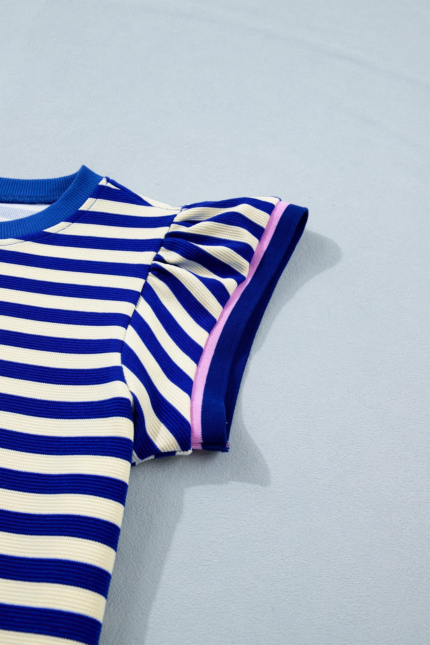 Blue Stripe Contrast Trim Cap Sleeve Top Casual Shorts 2pcs Set