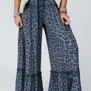 Gray Wild Leopard Print Frilled Detail Drawstring Wide Leg Pants