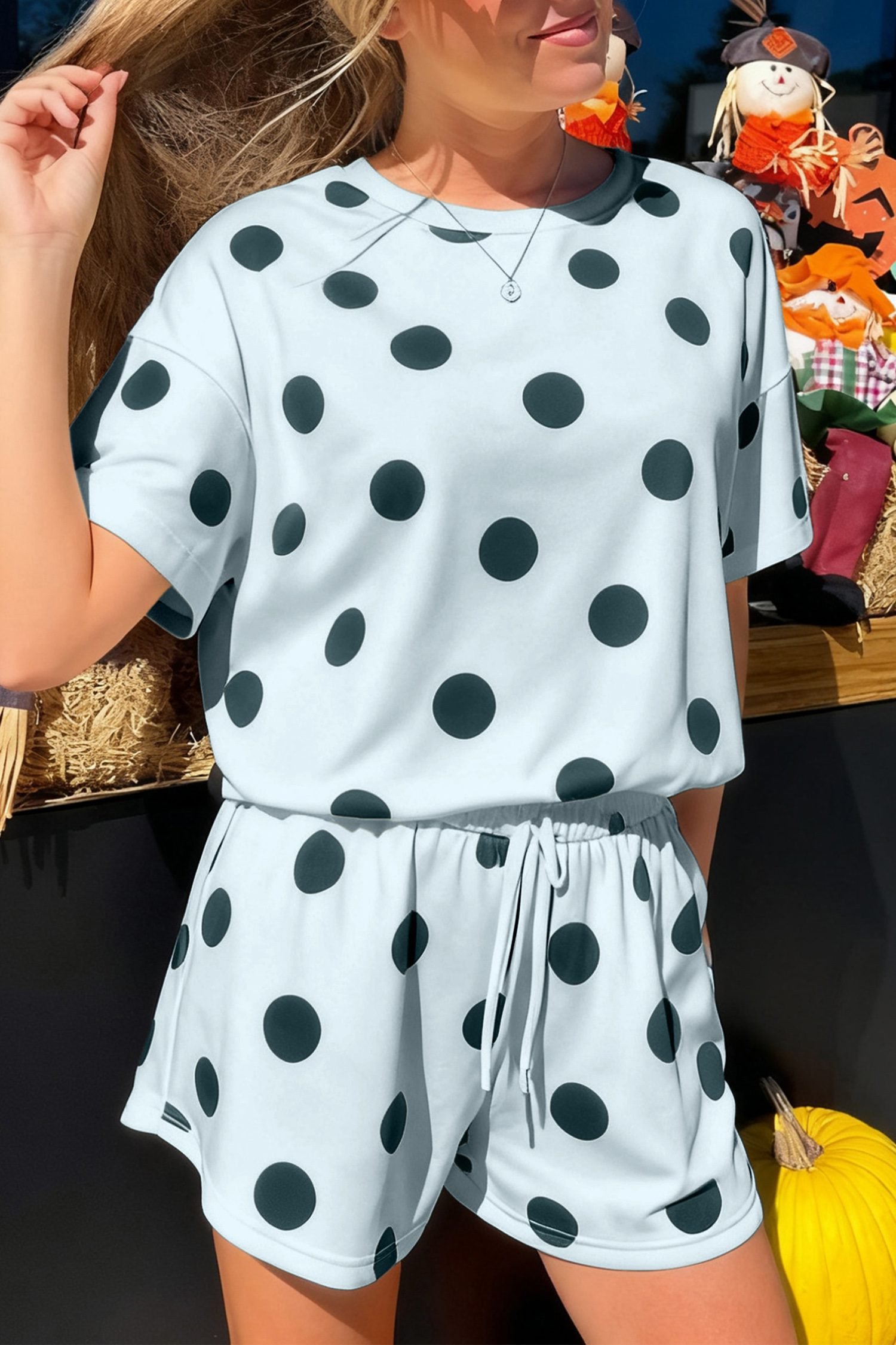 Sky Blue Polka Dot Print Loose Tee Drawstring Elastic Waist Short Set