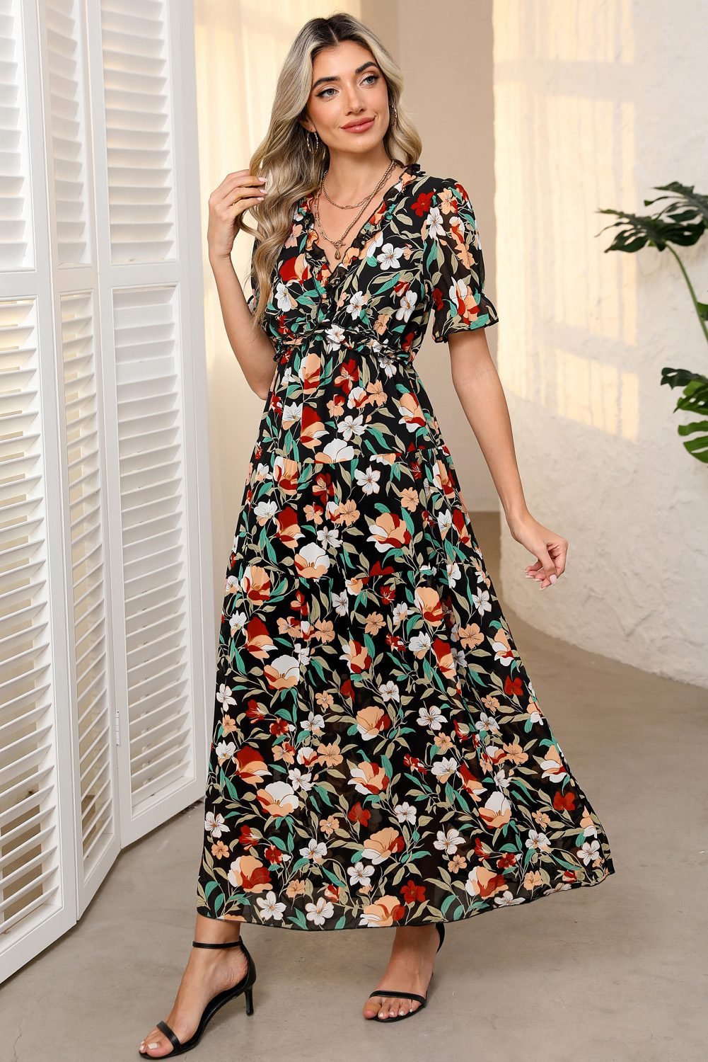 Black Fiery Floral Print Frilled V Neck Short Sleeve Maxi Dress