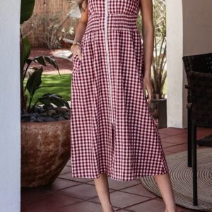 Red Plaid Print Full Zipper Cinched Waist Fit Flare Sleeveless Maxi Dress