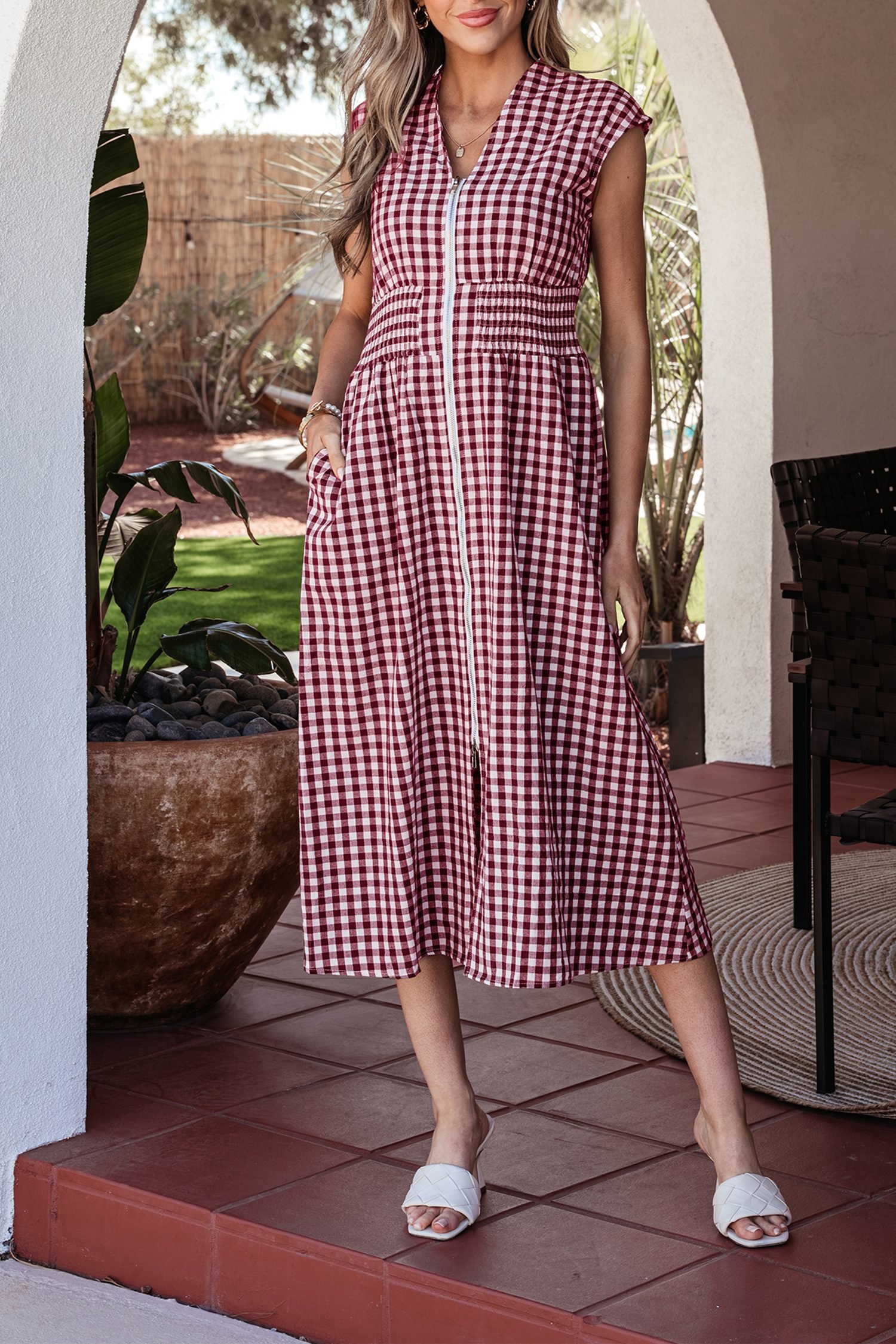 Red Plaid Print Full Zipper Cinched Waist Fit Flare Sleeveless Maxi Dress