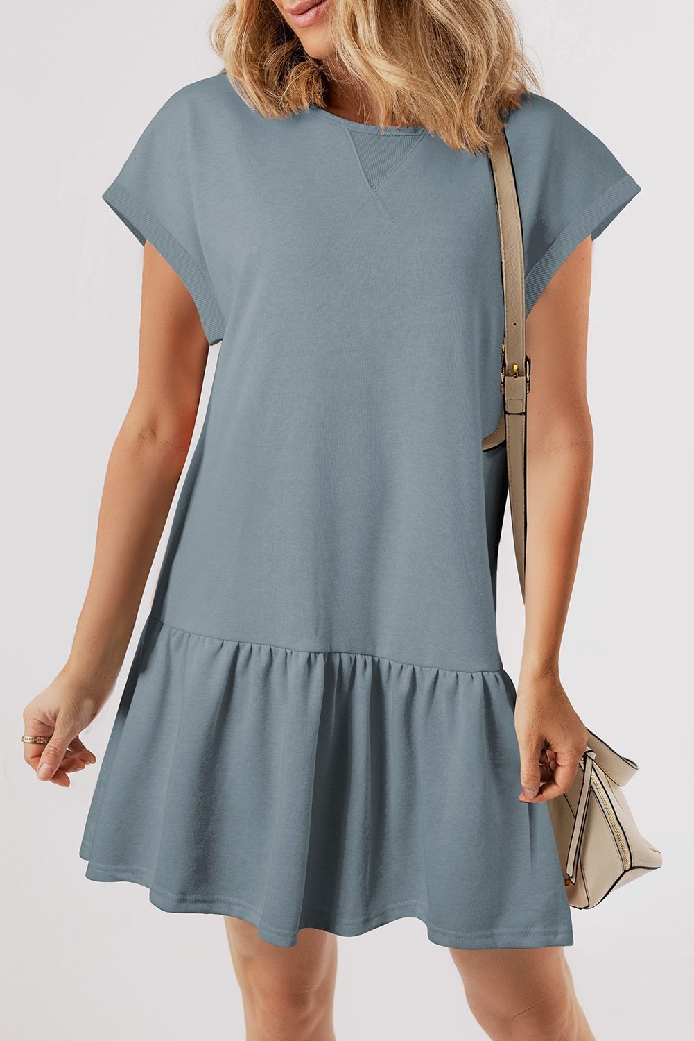 Ashleigh Blue Solid Color Cap Sleeve Drop Waist T Shirt Dress