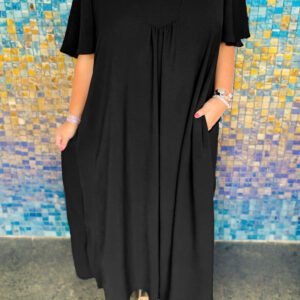 Black Plus Size Solid Color Notched Neck Short Sleeve Loose Dress