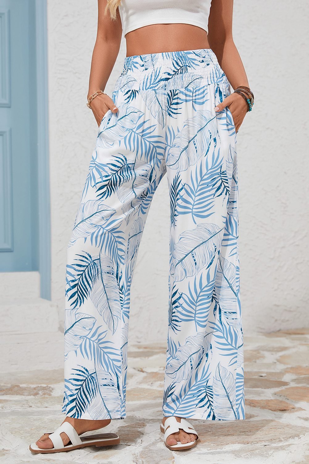 Sky Blue Geometric/ Floral/ Botanic Print Shirred Waistband Wide Leg Pants