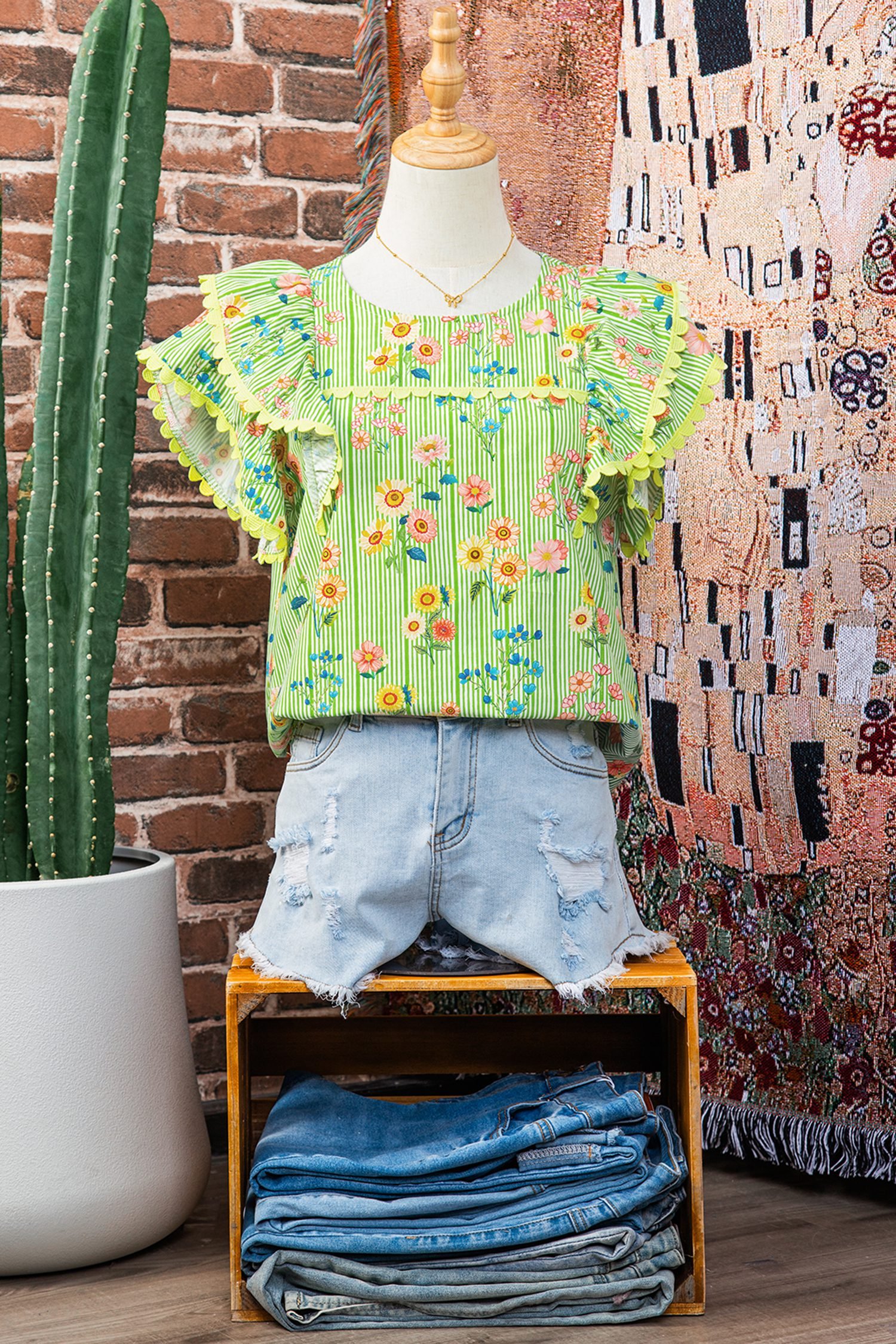 Green Stripe Floral Printed Scalloped Detail Ruffle Short Sleeve Blouse