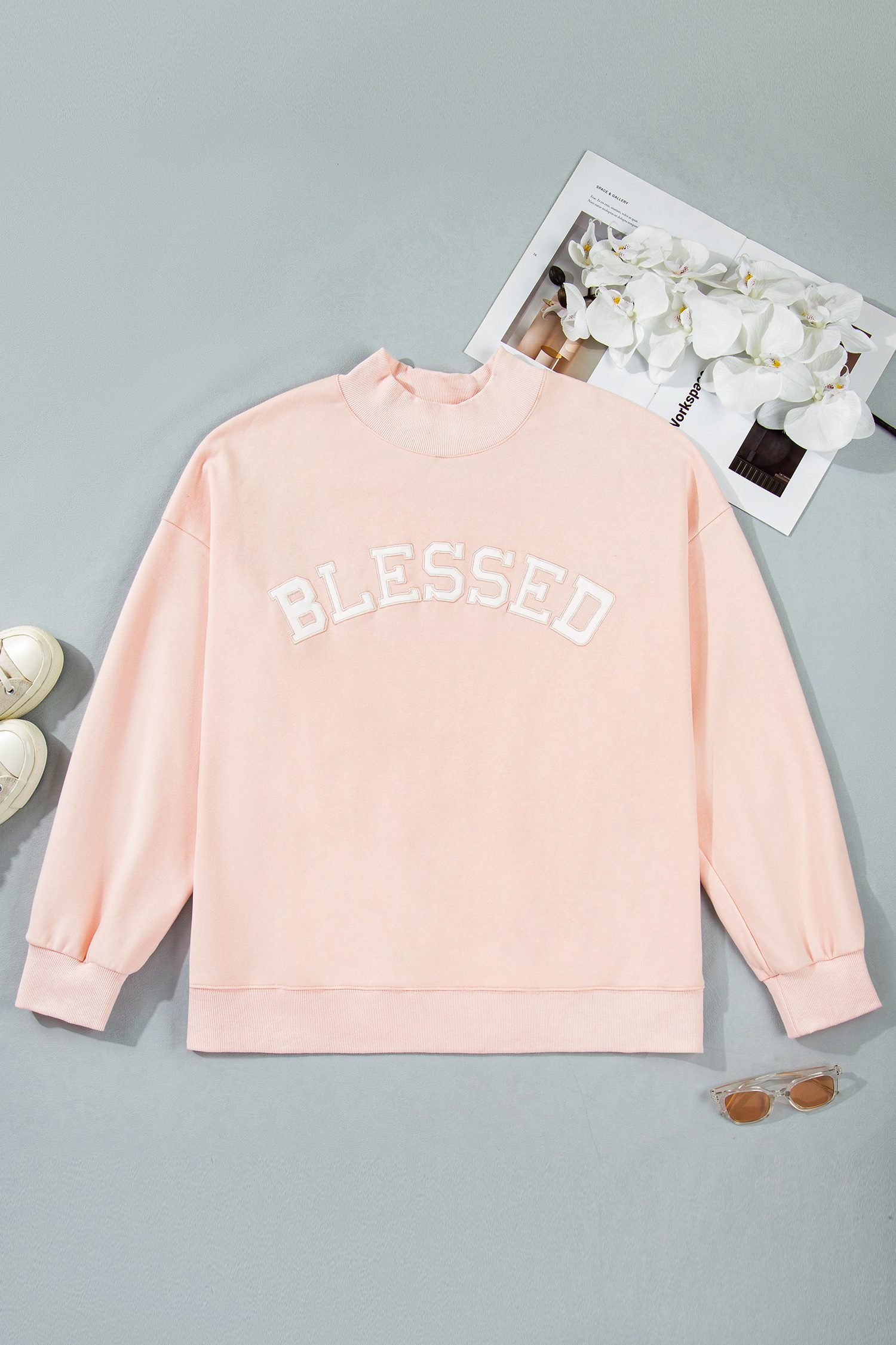 Light Pink BLESSED Embroidered Trim Patch Graphic Plus Size Mock Neck Sweatshirt