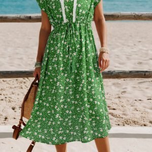 Green Abstract Print Embroidered Trim V Neck Drawstring High Waist Loose Vacation Dress
