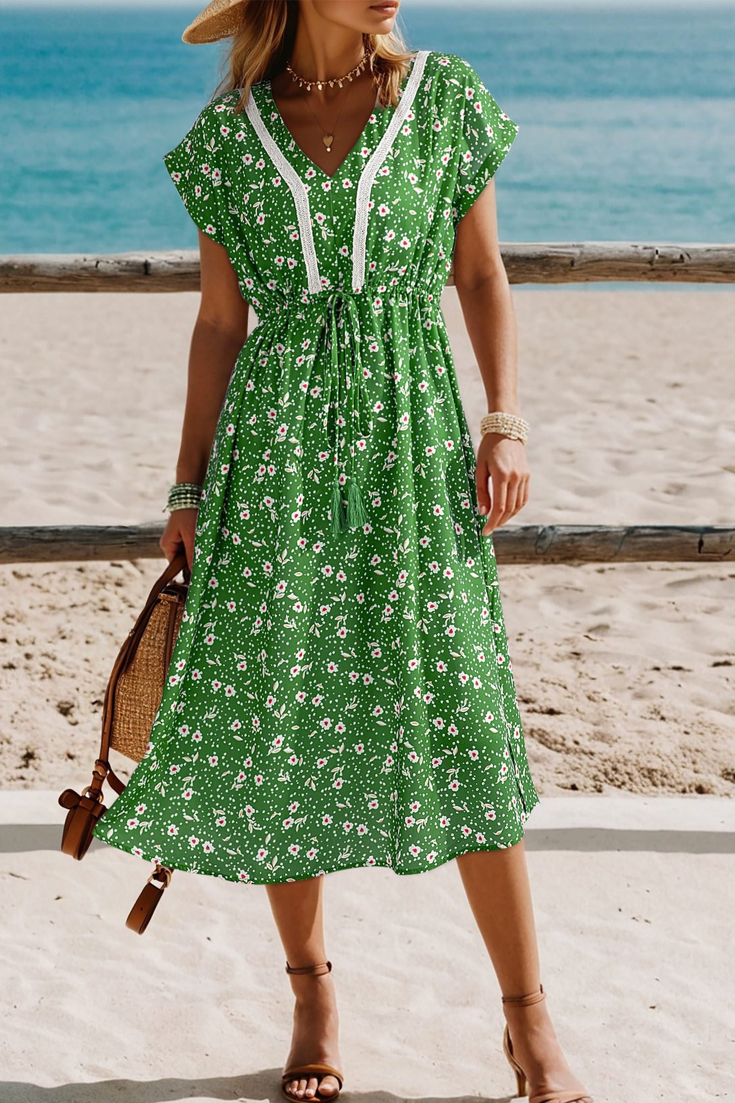 Green Abstract Print Embroidered Trim V Neck Drawstring High Waist Loose Vacation Dress