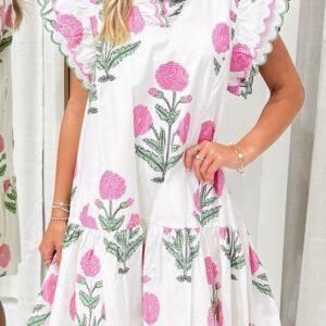 White Wild Floral Print Scalloped Embroidery Trim V Neck Drop Waist Mini Dress