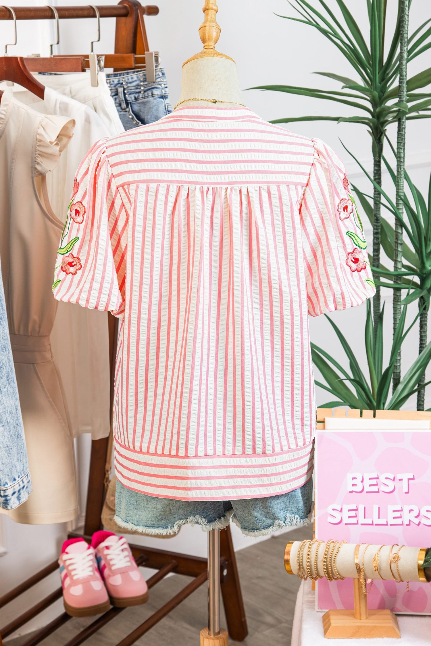 Pink Stripe Print Floral Embroidered Puff Sleeve V Neck Blouse