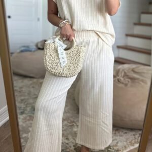 Beige Texture Loose Short Sleeve Top and Cropped Pant Set