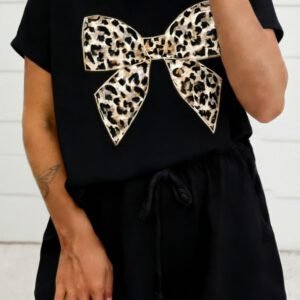 Black Contrast Leopard Bow Patched V Neck Loose Tee Drawstring Shorts 2pcs Outfit