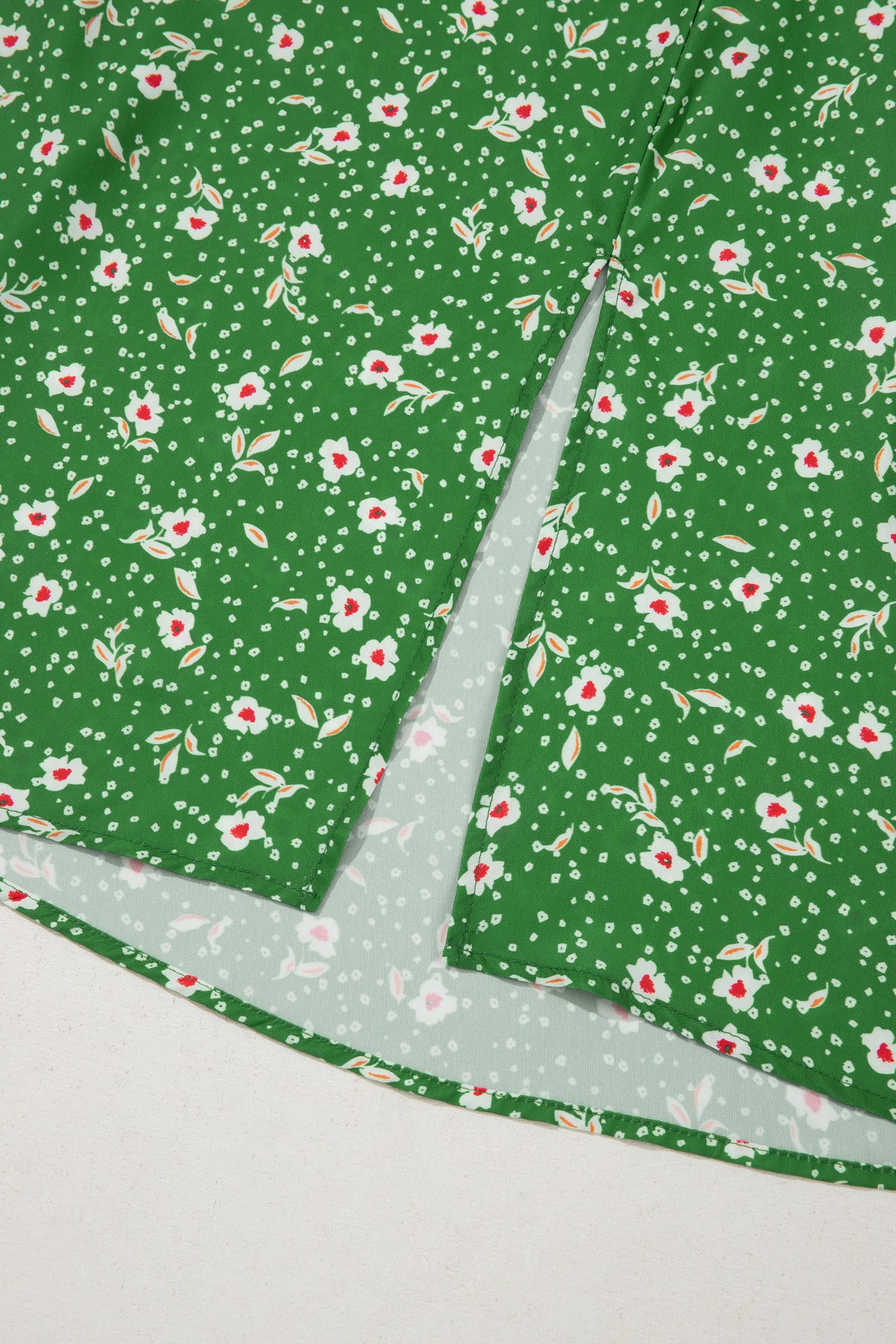 Green Abstract Print Embroidered Trim V Neck Drawstring High Waist Loose Vacation Dress