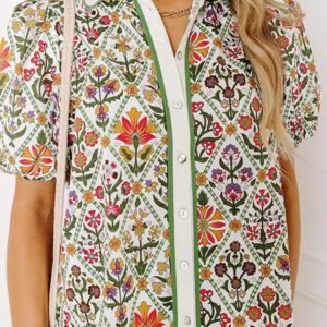 Green Short Bubble Sleeve Floral Shirt