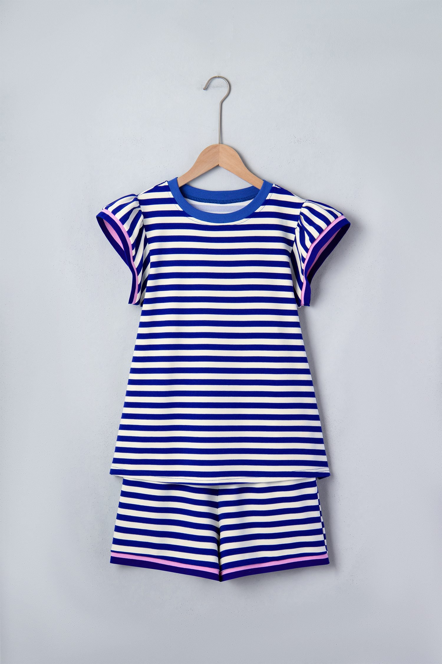 Blue Stripe Contrast Trim Cap Sleeve Top Casual Shorts 2pcs Set