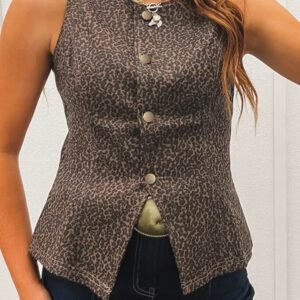 Brown Leopard Print Slim Denim Vest