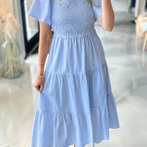 Beau Blue Flowy Short Sleeve Lace Detail Square Neck Tiered Midi Dress
