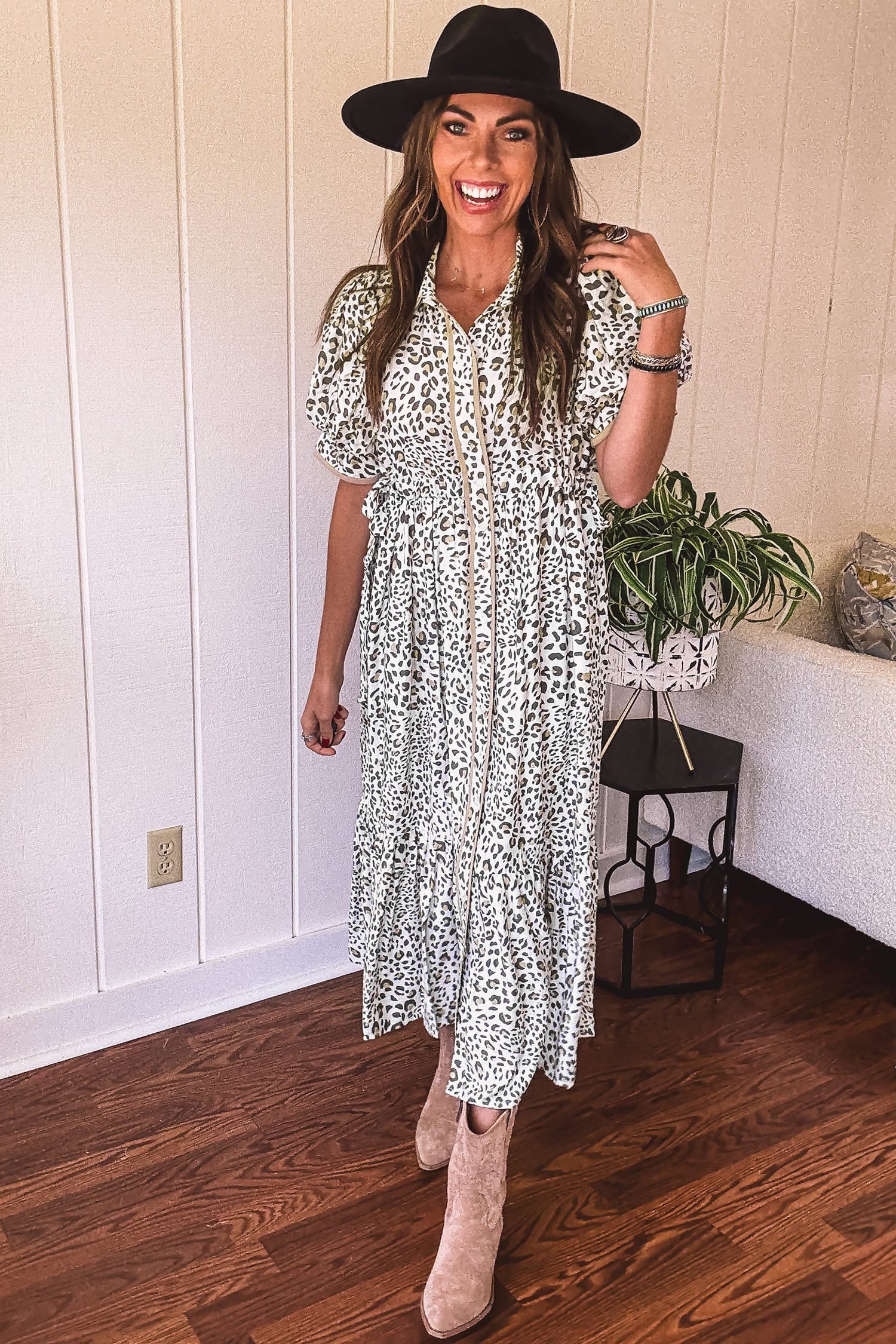 White Leopard Contrast Trim Button Front Short Puff Sleeve Long Dress