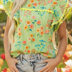 Green Stripe Floral Printed Scalloped Detail Ruffle Short Sleeve Blouse