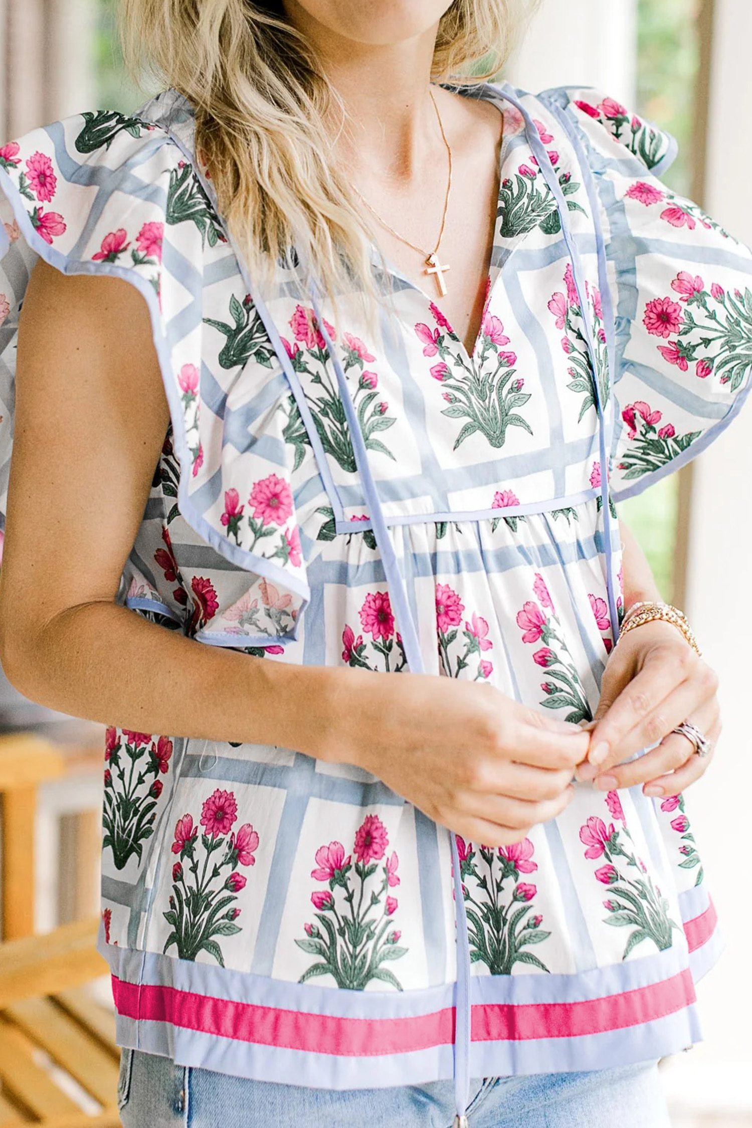 Pink Floral Flutter Sleeve Split V Neck Top