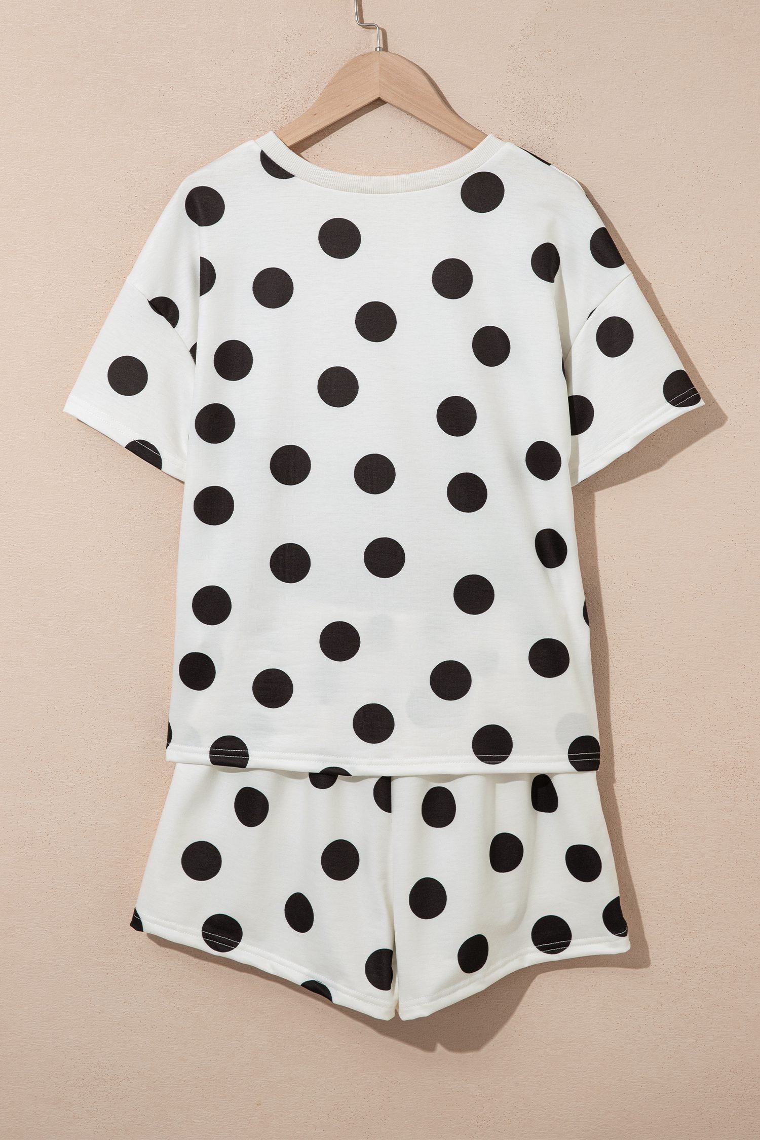 Black Polka Dot Print Loose Tee Drawstring Elastic Waist Short Set