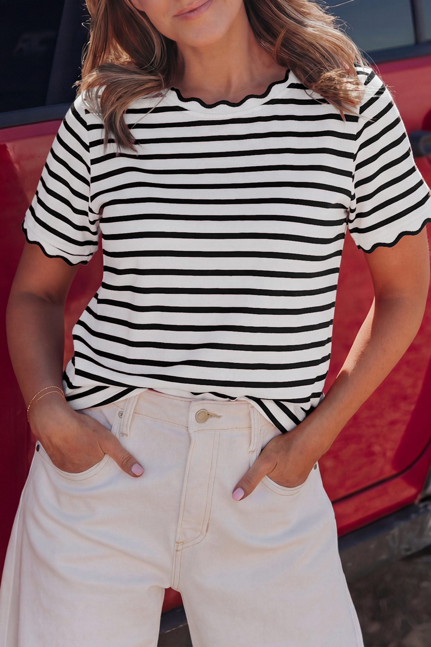 Black Stripe Scalloped Trim Round Neck T Shirt