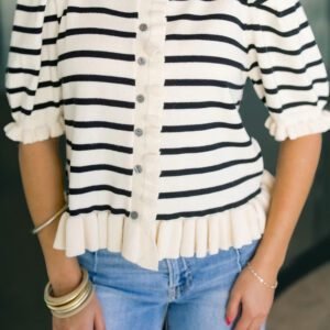 Beige Stripe Ruffle Trim Button Down Knit Short Sleeve Sweater Cardigan