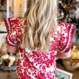 Red Floral Print Color Block Trim Lace Detail V Neck Flutter Sleeve Blouse