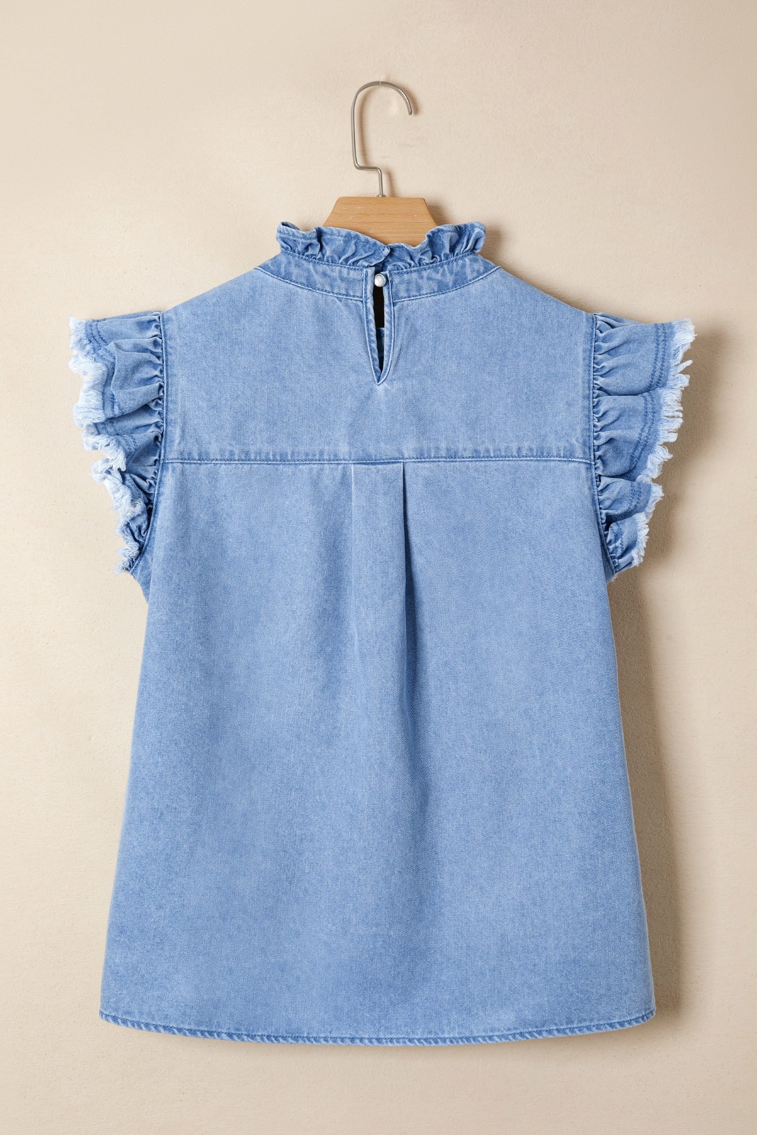 Beau Blue Frilled Collar Flutter Sleeve Denim Top