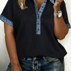 Black Plus Size Textured Contrast Denim Patchwork Button Polo Tee
