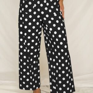 Black Polka Dot Print Patched Pocket Mid-rise Straight Leg Pants