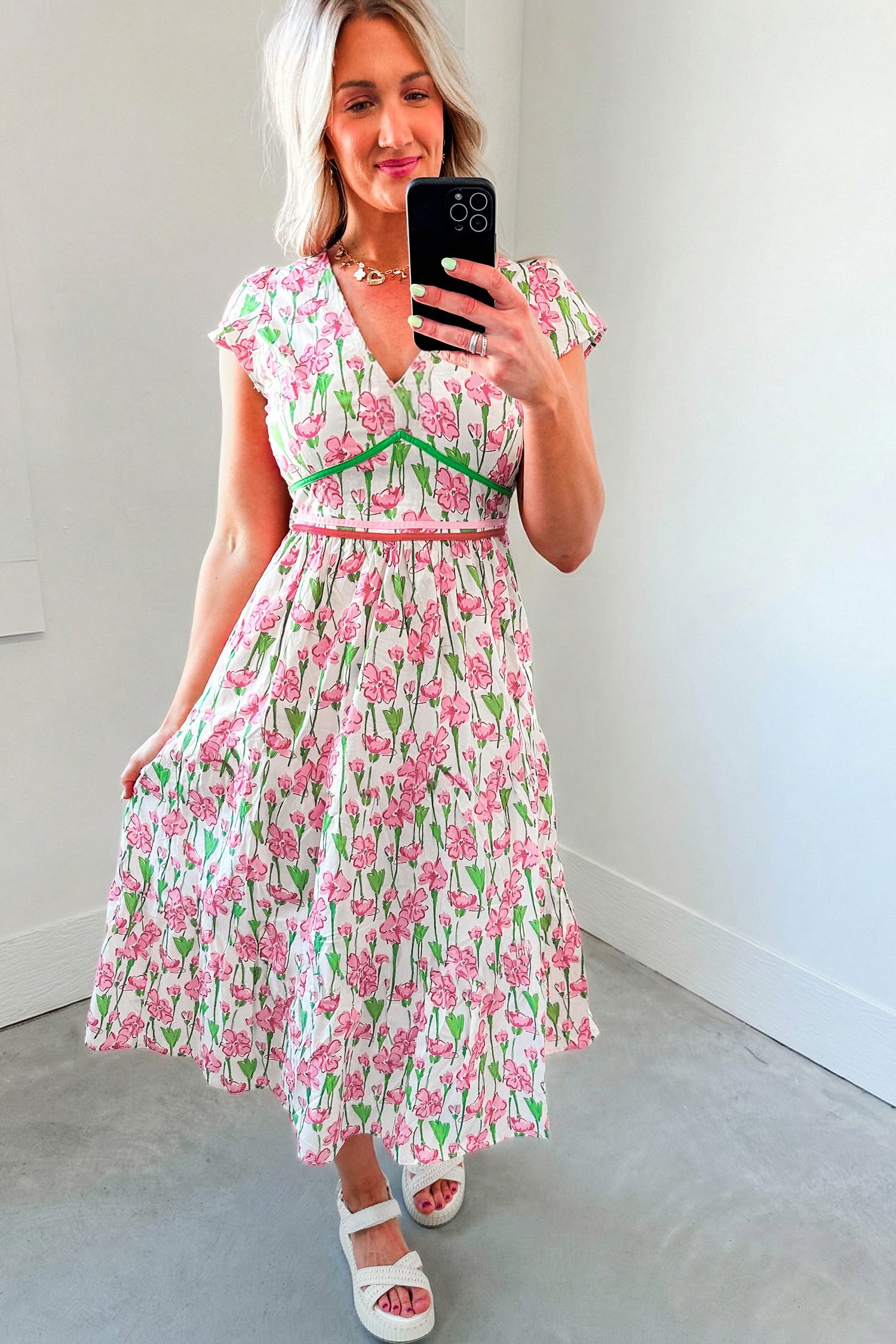 Pink Floral Print Contrast Trim V Neck Short Sleeve Elegant Midi Dress