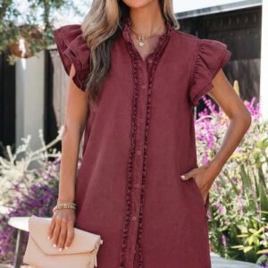 Red Sandalwood Frilled Detail Button Down Ruffle Short Sleeve Denim Mini Dress