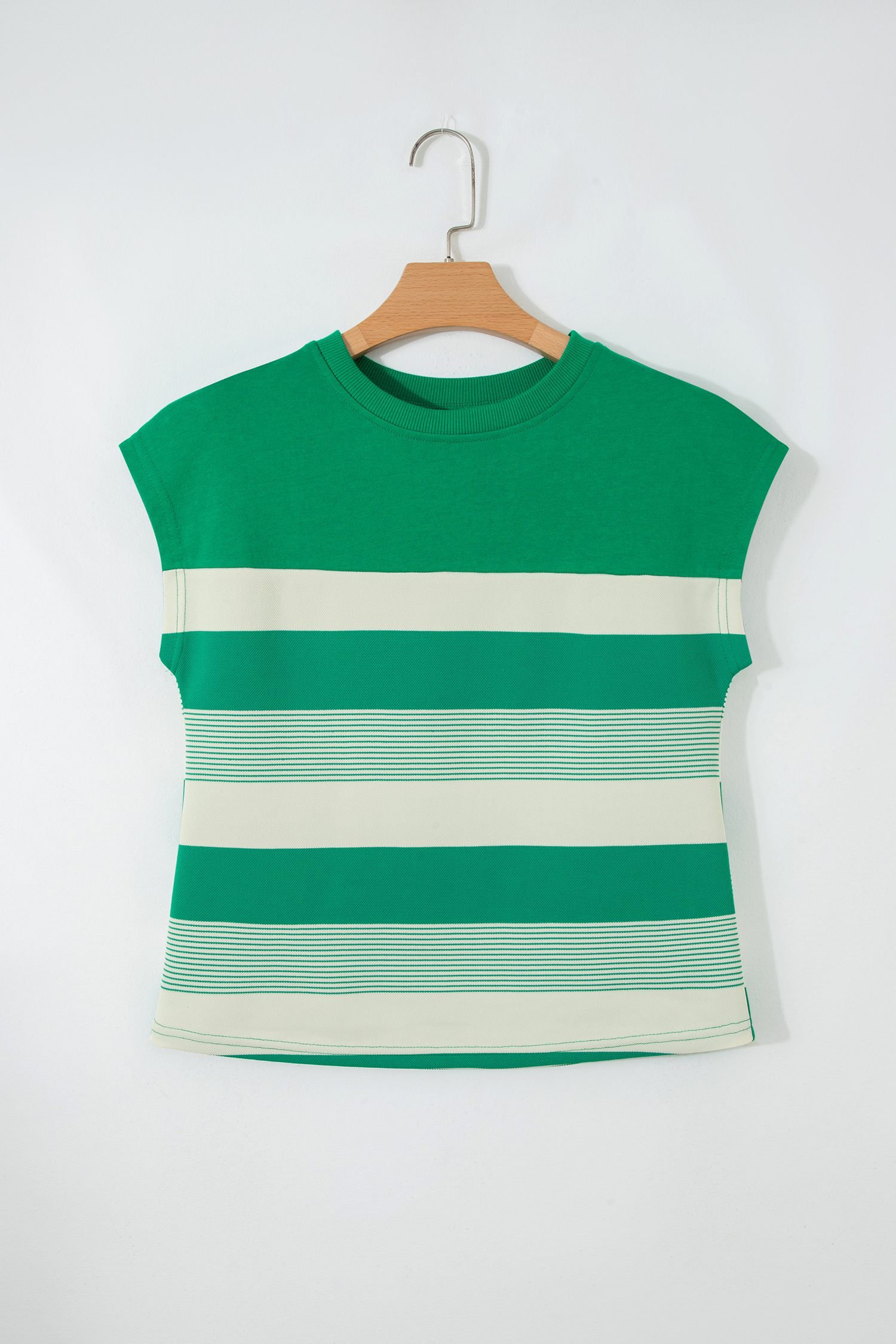 Green Stripe Mixed Print Crew Neck Cap Sleeve T Shirt