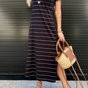 Black Stripe Casual Short Sleeve Side Slit Maxi T Shirt Dress