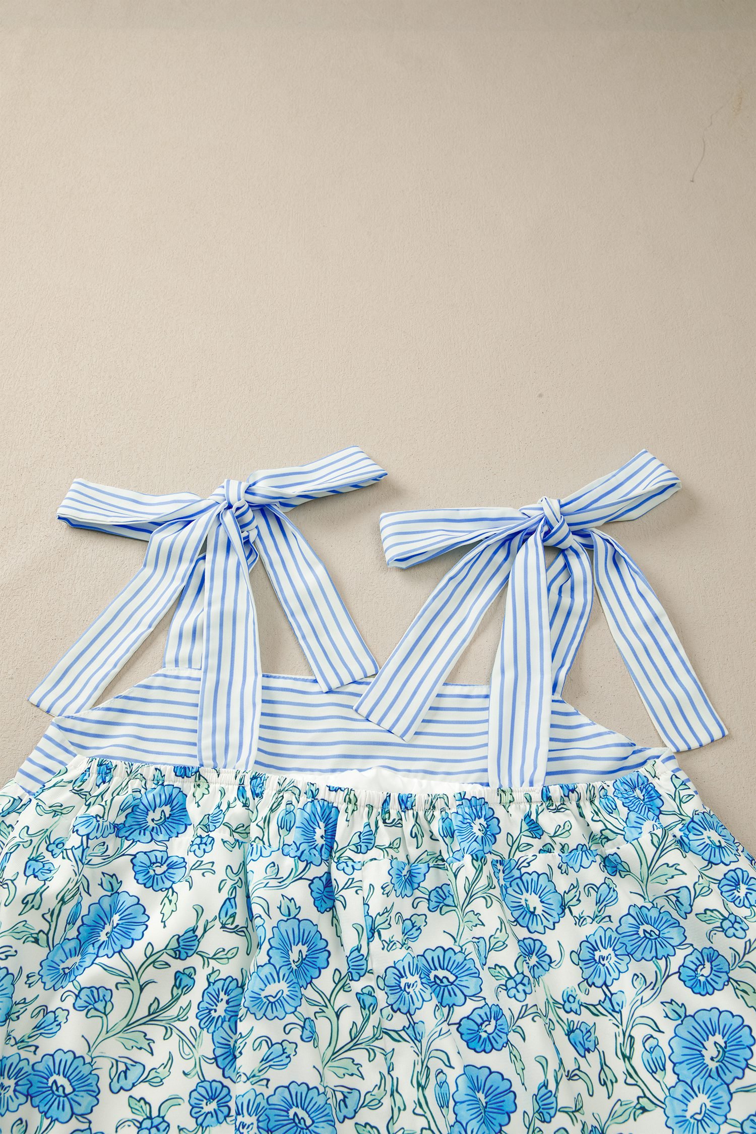 Sky Blue Floral Print Striped Patchwork Bow Knot Straps Mini Dress