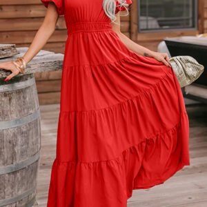 Coral Solid Color V Neck Short Puff Sleeve High Waist Tiered Maxi Dress